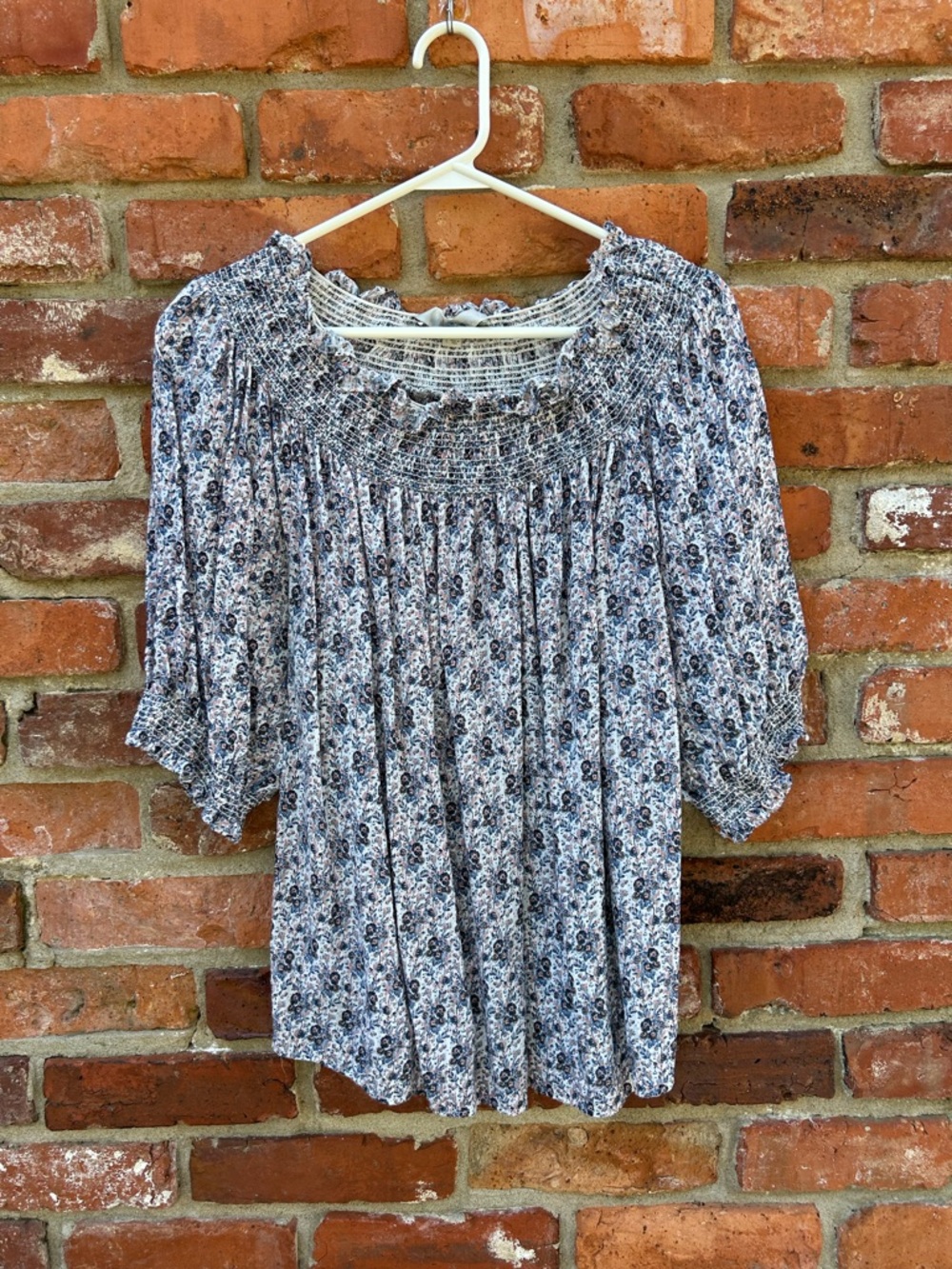 LOFT Floral Smocked Yoke Women's Top Peasant Blouse L